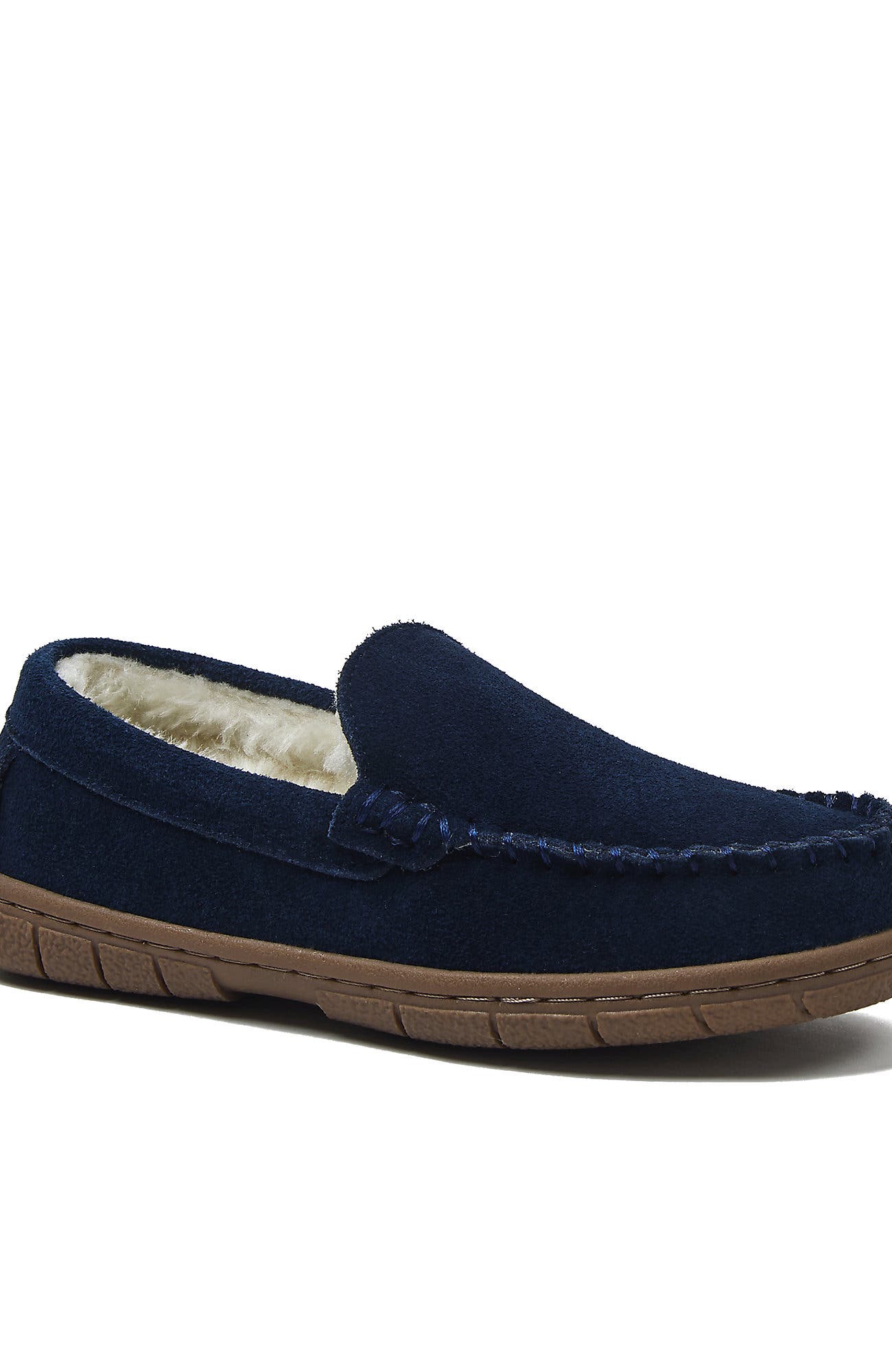 Lands' End Kids Fuzzy Lined Suede Moccasin Slippers, Main, color, Radiant Navy