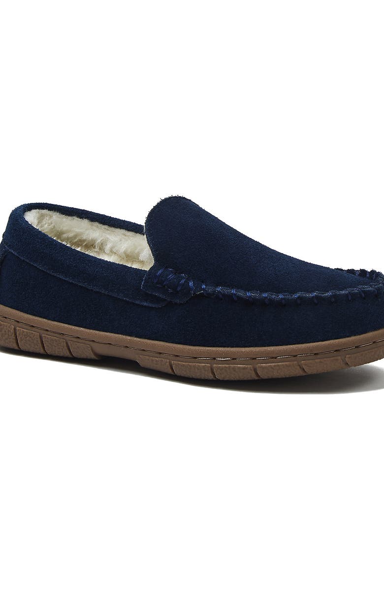 Lands' End Kids Fuzzy Lined Suede Moccasin Slippers, Main, color, Radiant Navy