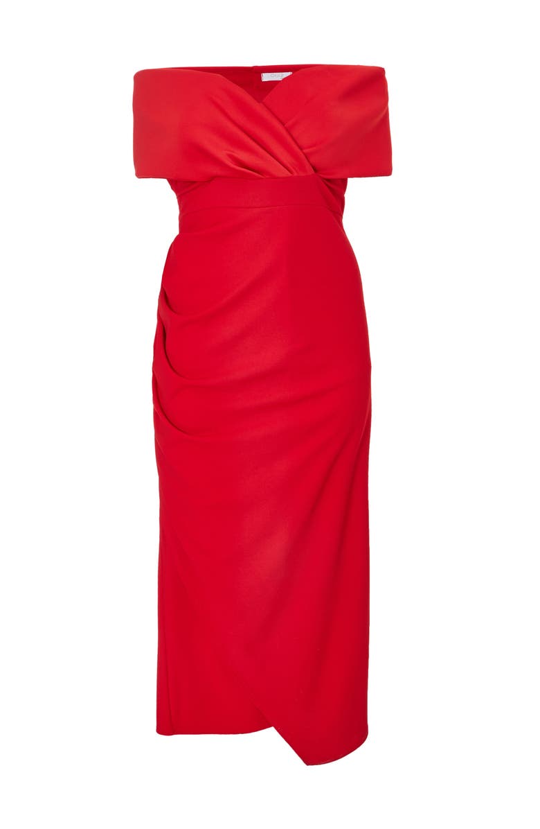 QUIZ Plus Size Scuba Crepe Bardot Wrap Maxi Dress, Alternate, color, Red