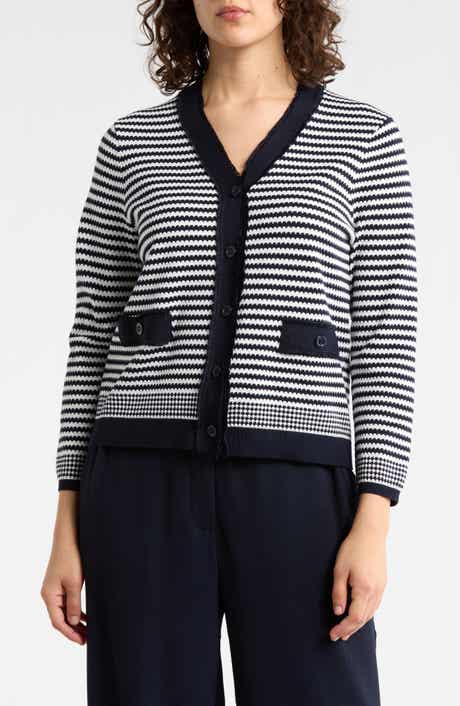 Adrianna Papell Frayed Trim Stripe Cardigan