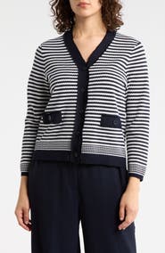 Adrianna Papell Frayed Trim Stripe Cardigan