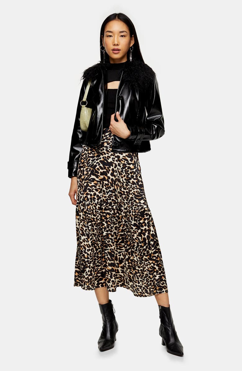 Topshop Leopard Print Tiered Midi Skirt, Alternate, color, 