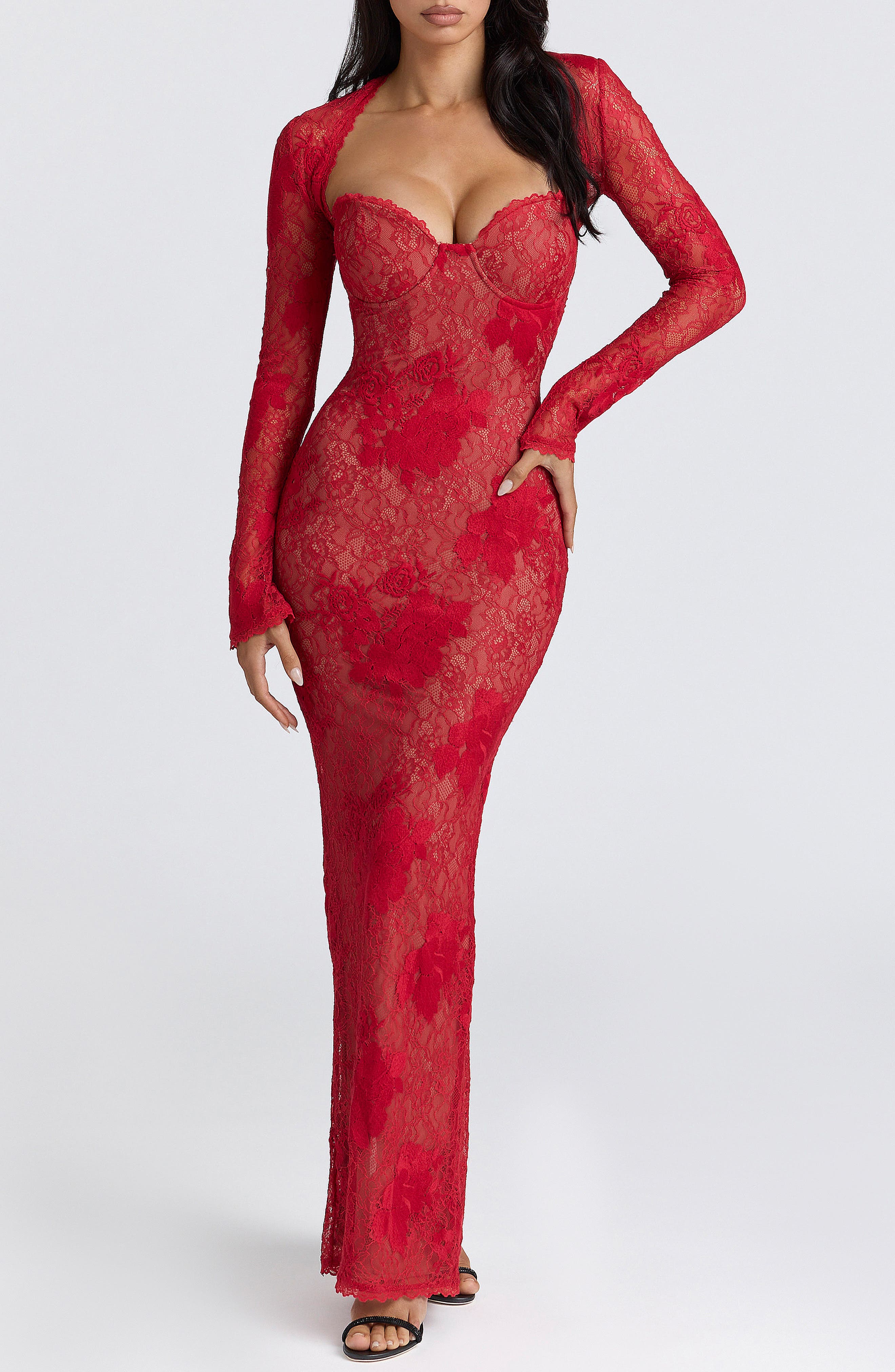 red lace dress with belt Red Floral Guipure Lace Tiered Maxi Dress - All Dresses