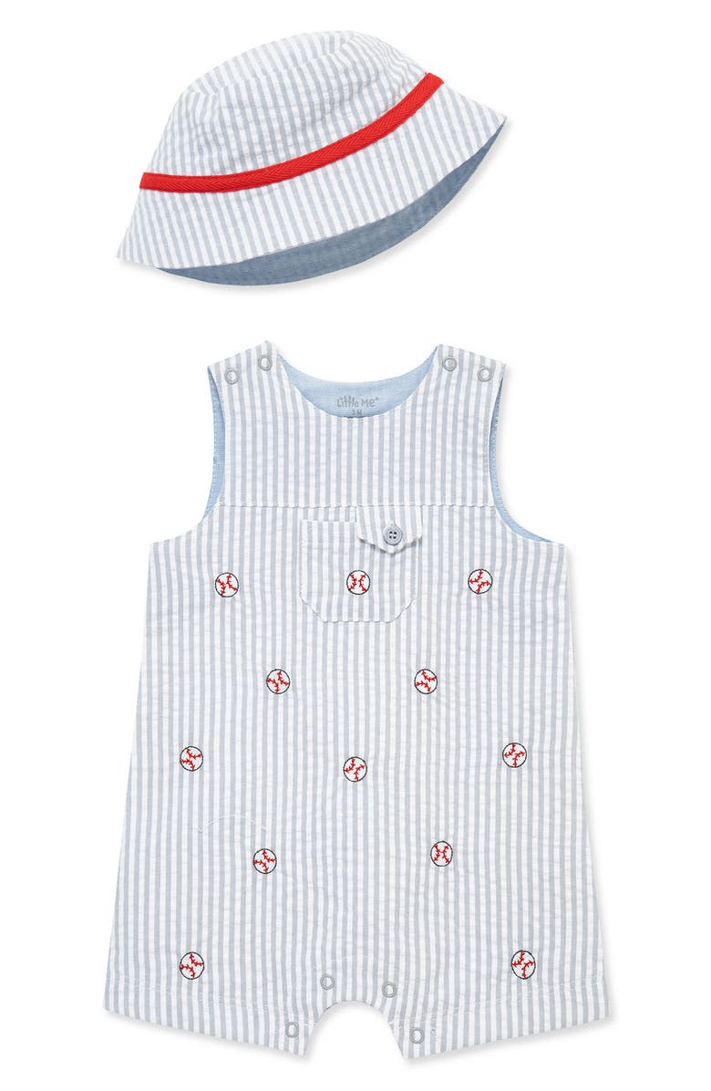 Little Me Baseball Sleeveless Romper & Hat, Main, color, Grey