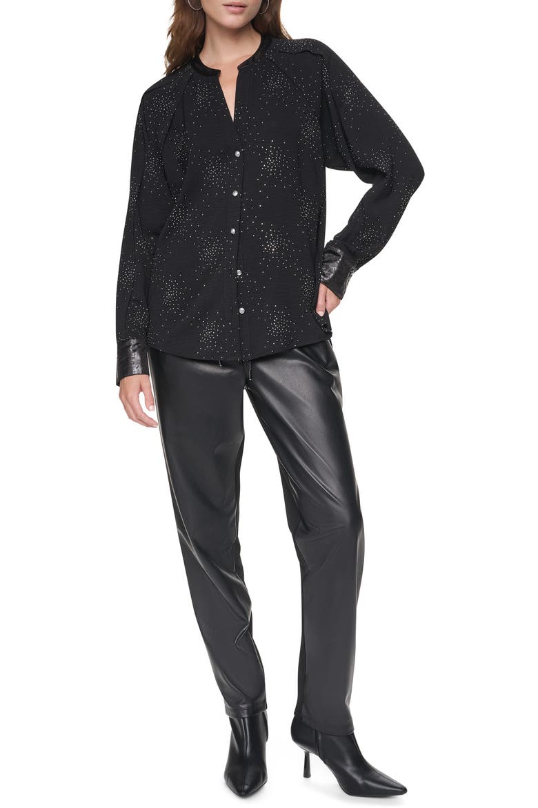 Firework Embellished Shirt with Faux Leather Cuffs, Alternate, color, BLACK