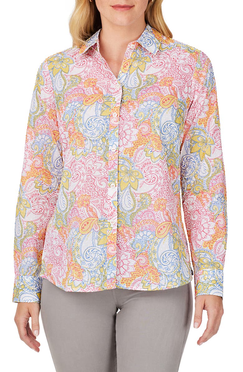 Foxcroft Ava Batik Floral Cotton Button-Up Shirt, Main, color, 