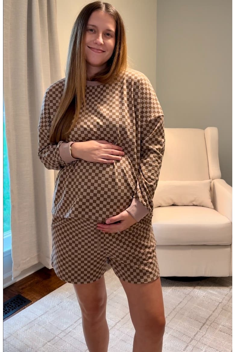 Checkered Plaid Pullover Shorts Set, Alternate, color, Mocha