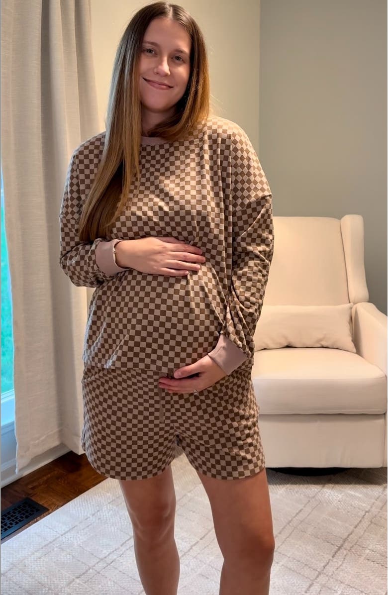 PinkBlush Checkered Plaid Pullover Shorts Set, Alternate, color, Mocha