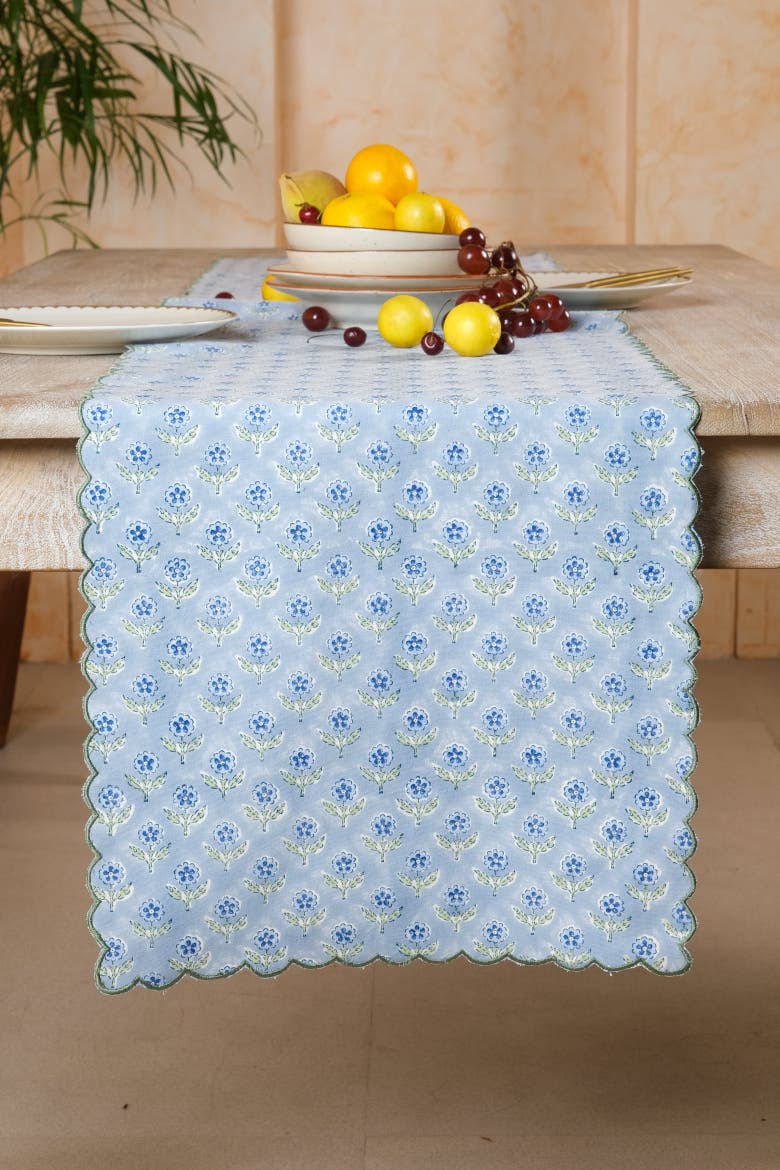 Mona Scallop Embroidered Blockprint Tablerunner, Alternate, color, Blue