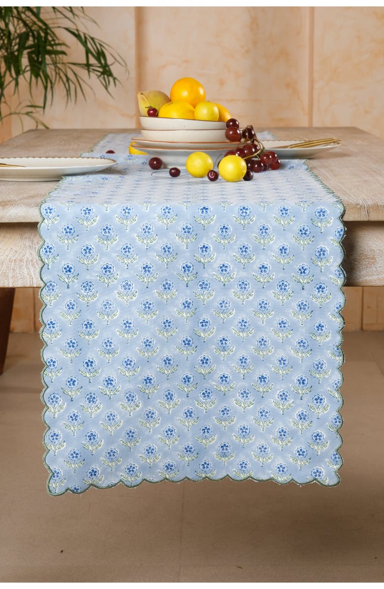Inner Child Mona Scallop Embroidered Blockprint Tablerunner, Alternate, color, Blue