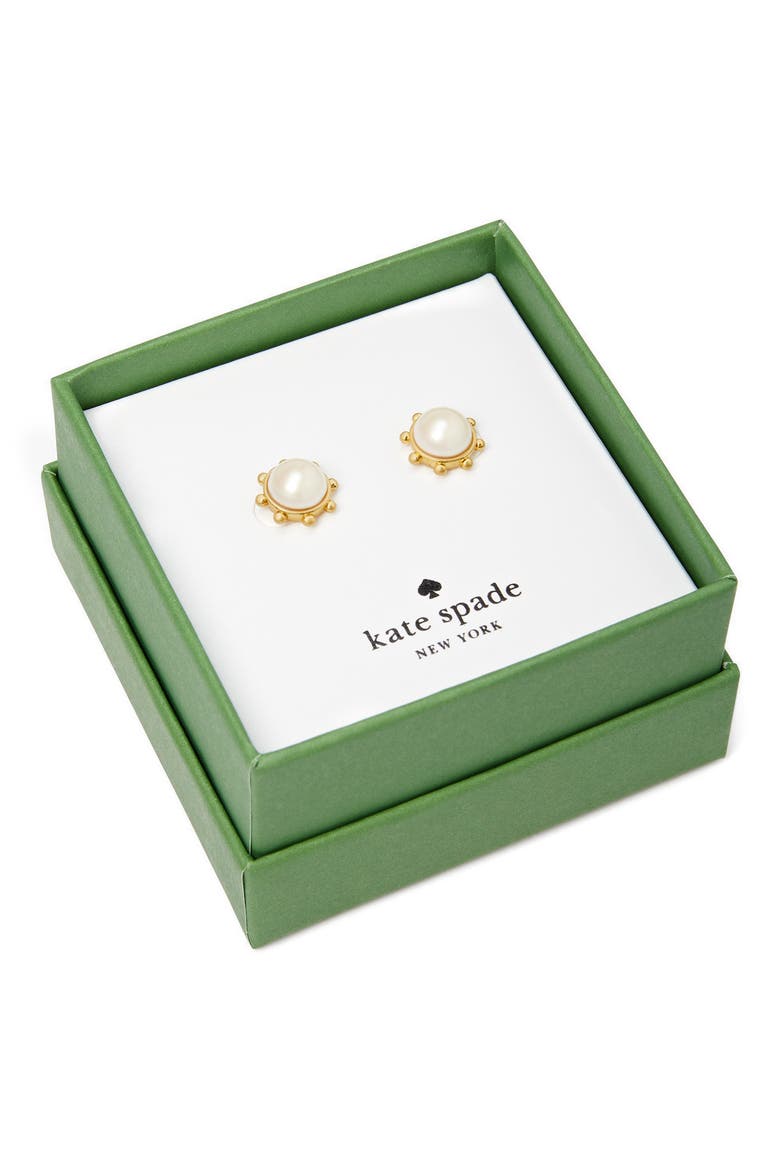 imitation pearl bezel stud earrings, Alternate, color, CREAM.
