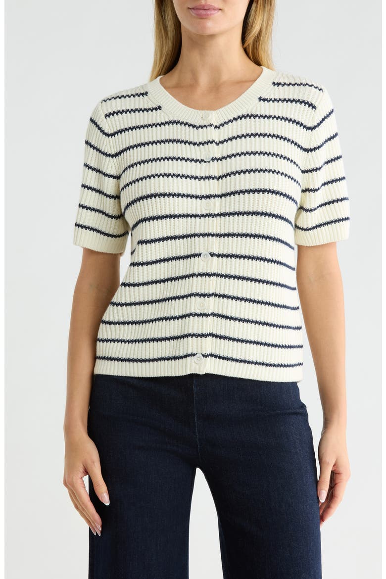 Devon Short Sleeve Cotton Cardigan, Main, color, SHELL IVORY/ MOOD INDIGO BLUE