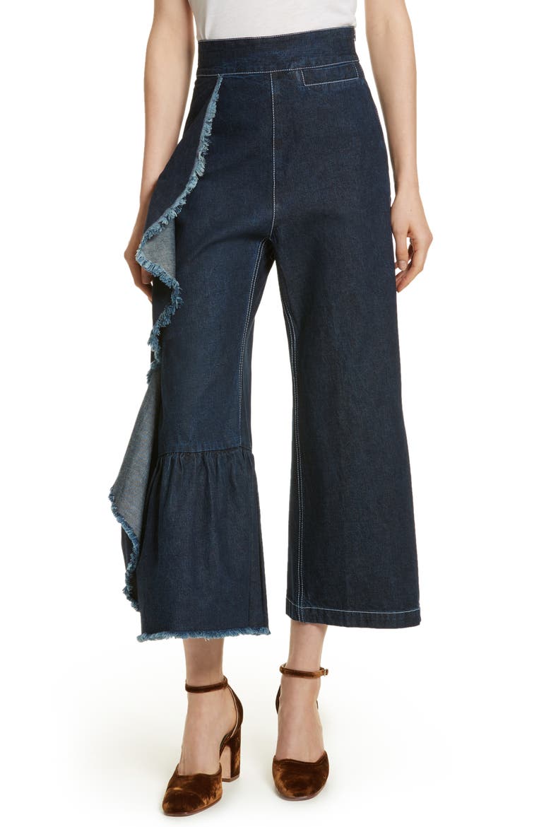 Revel Ruffle Pants, Main, color, DARK INDIGO