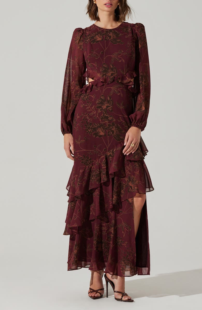 ASTR the Label Biella Cutout Ruffle Long Sleeve Cocktail Dress, Main, color, 