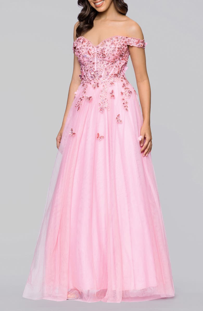 Blondie Nites Off the Shoulder Sequin 3D Embellished Tulle Gown, Alternate, color, Blush