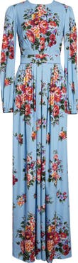 Dolce&Gabbana Flower Bouquet Print Long Sleeve Charmeuse Gown