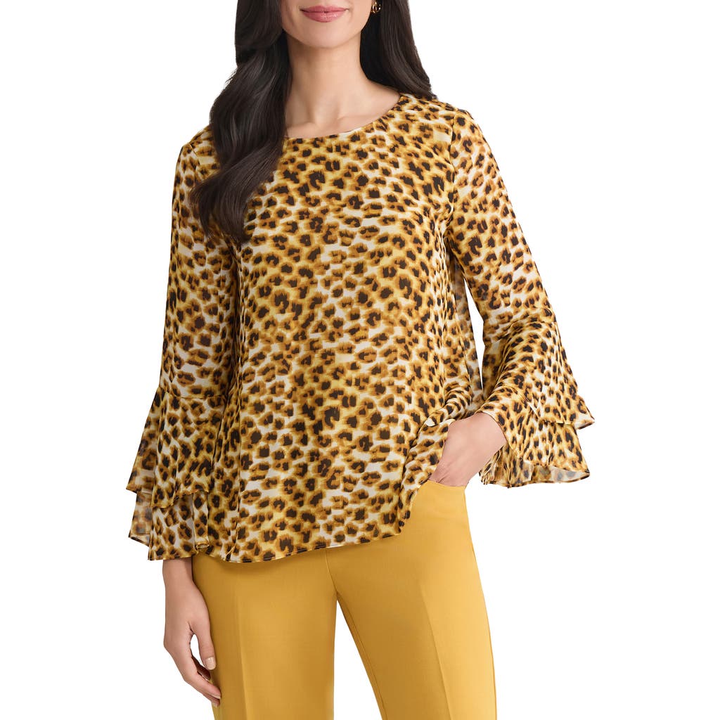 Kasper Tiered Ruffle Bell Sleeve Chiffon Top In Yellow