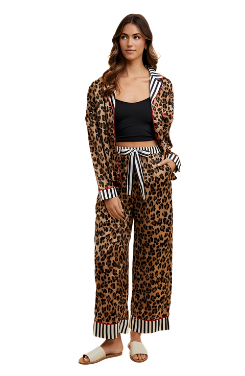 Leopard Print Striped Trim Pajama Set