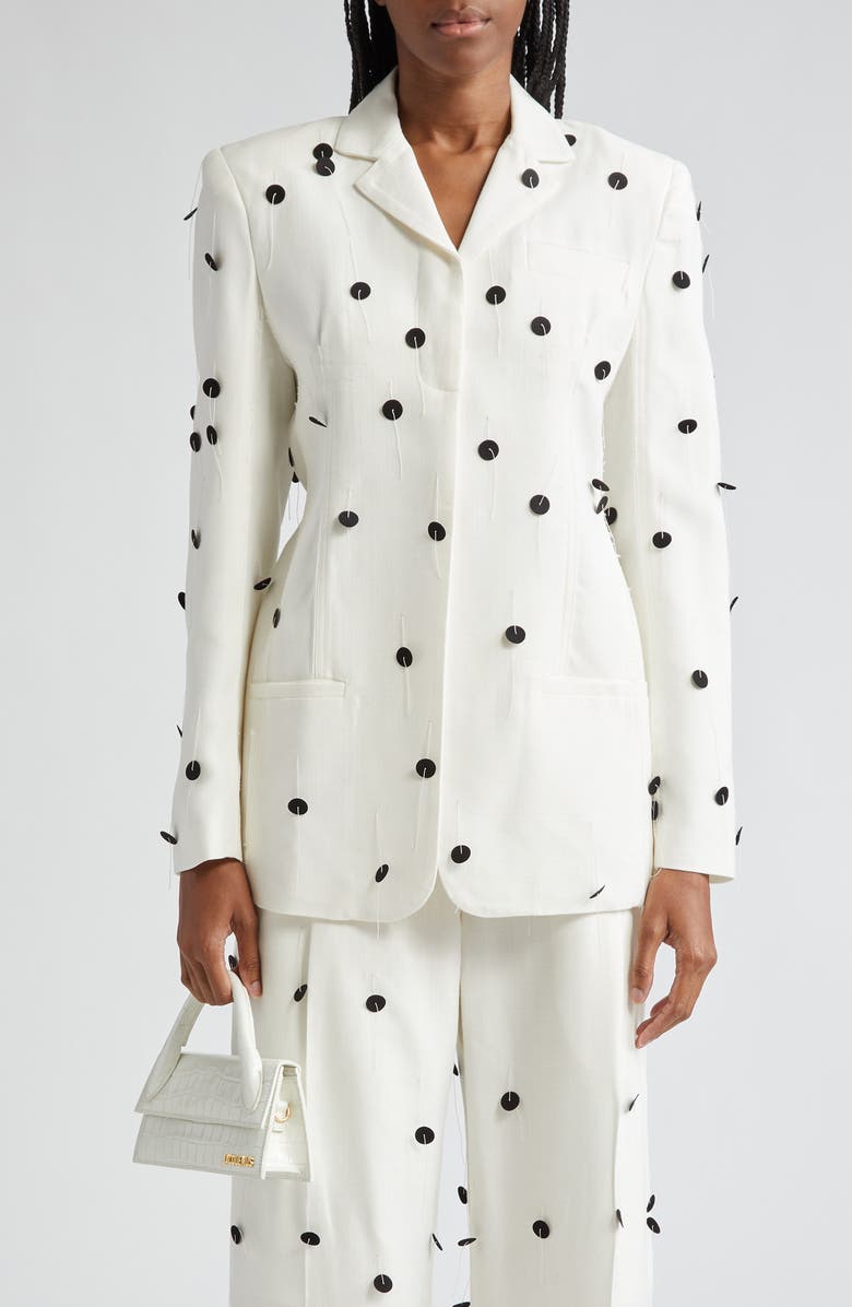 Jacquemus Le Veste Caraco Embroidered Polka Dot Belted Single Breasted Blazer, Main, color, 