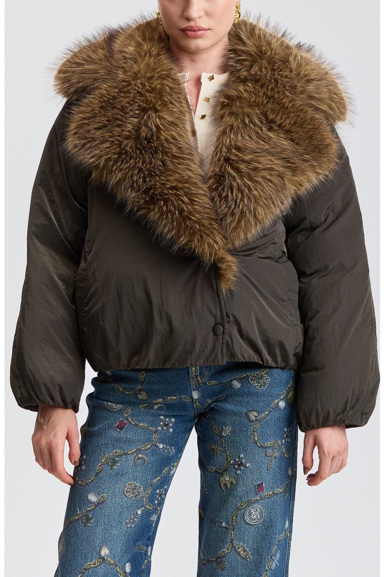 Faux Fur Collar Puffer Jacket, Main, color, ROSEMARY/ CAMEL