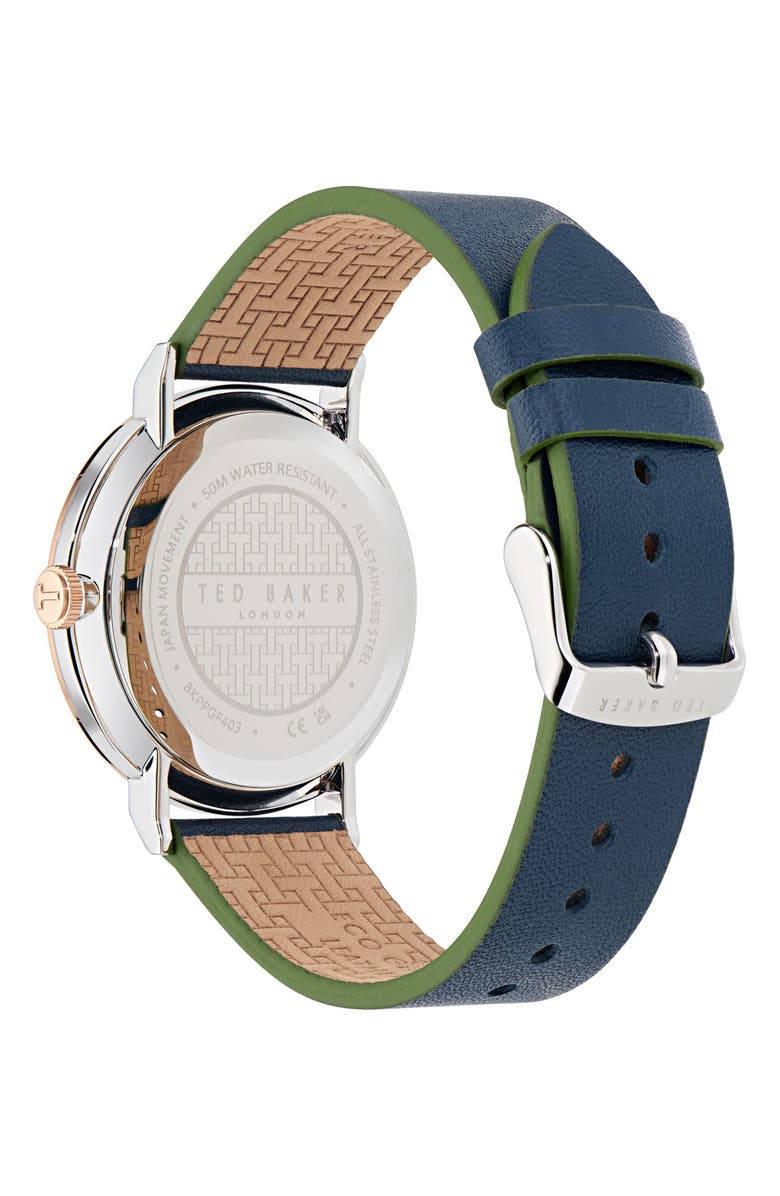 Ted Baker Phylipa Gents Recycled Stainless Steel Leather Strap Watch, 41mm, Alternate, color, Blue
