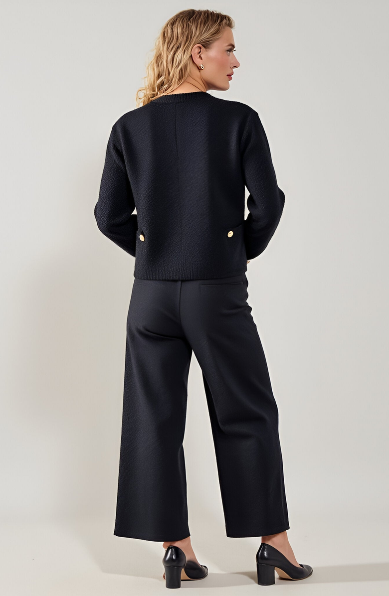 Modenaire Textured Knit Gold Button-Front Patch-Pocket Cardigan, Alternate, color, Black