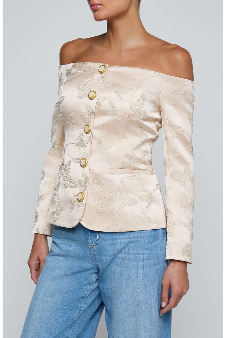 Alice Embroidered Off the Shoulder Blazer, Alternate, color, PALE PINK BUTTERFLY