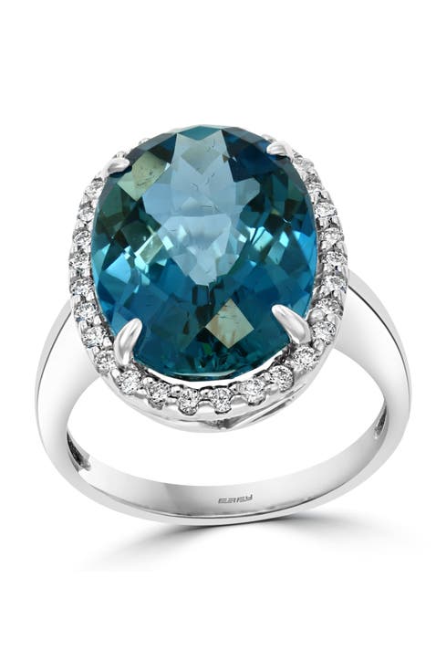 14K White Gold Diamond & London Blue Topaz Halo Ring