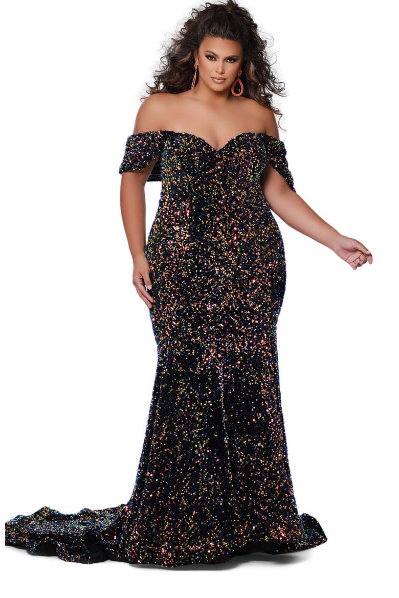 Off the Shoulder Plus Size Sequin Velvet Fitted Formal Gown, Main, color, Supernova