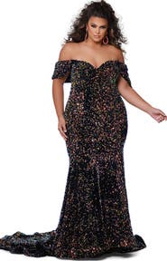 Johnathan Kayne for Sydney's Closet Off the Shoulder Plus Size Sequin Velvet Fitted Formal Gown