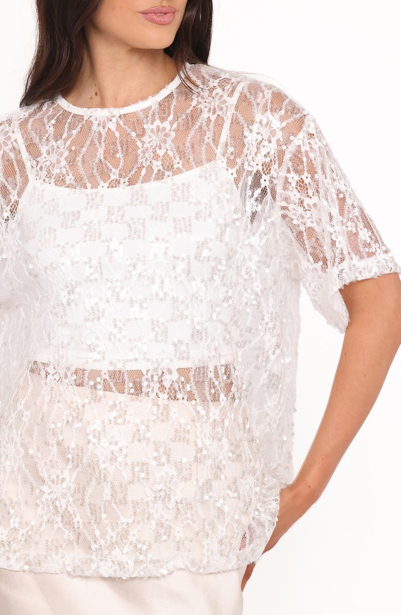 Petal & Pup Yonder Oversize Check Sequin Floral Lace Top, Alternate, color, White