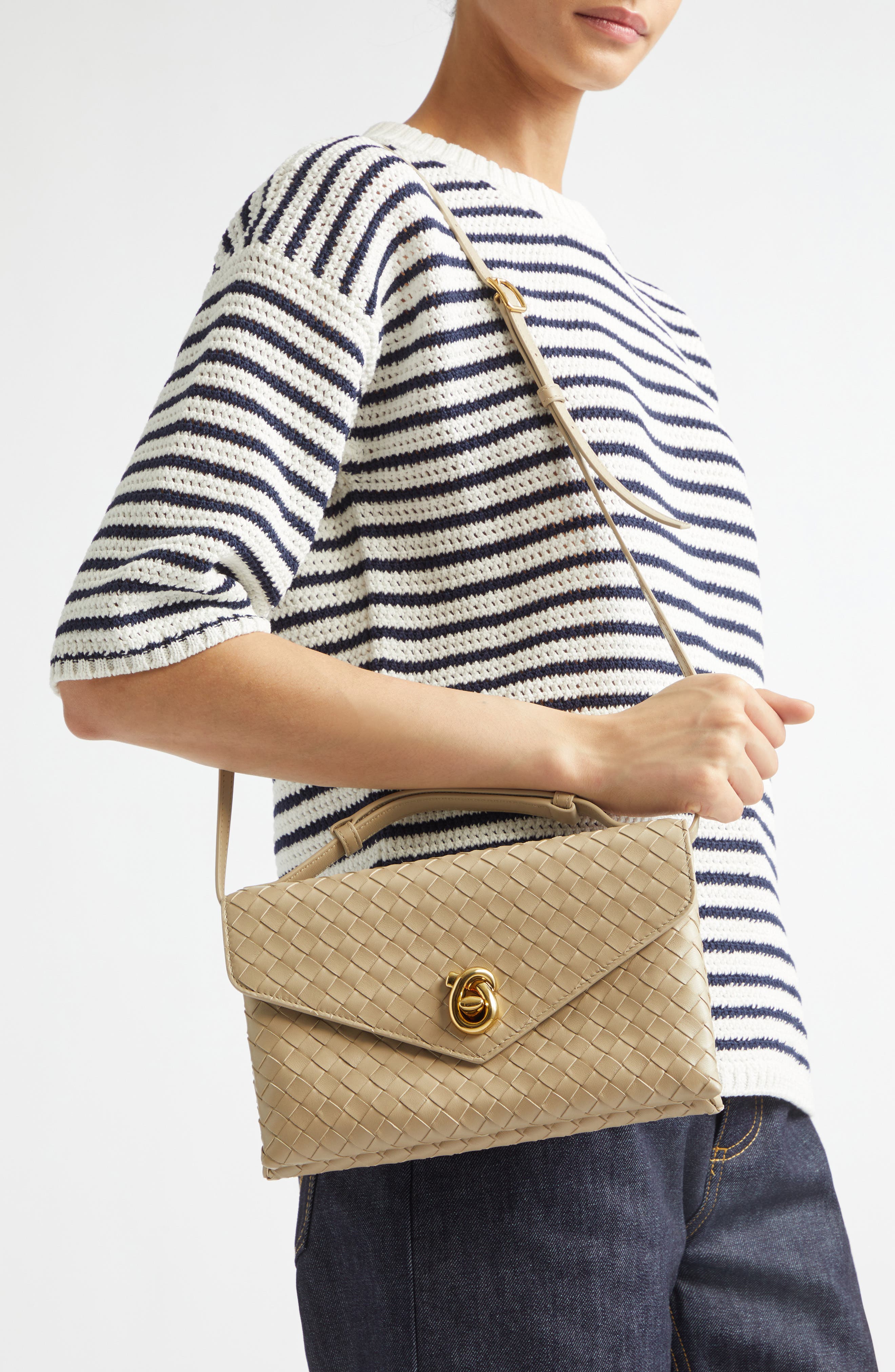 Knot Lock Intrecciato Leather Shoulder Bag, Alternate, color, 9614 ECRU-MUSE BRASS