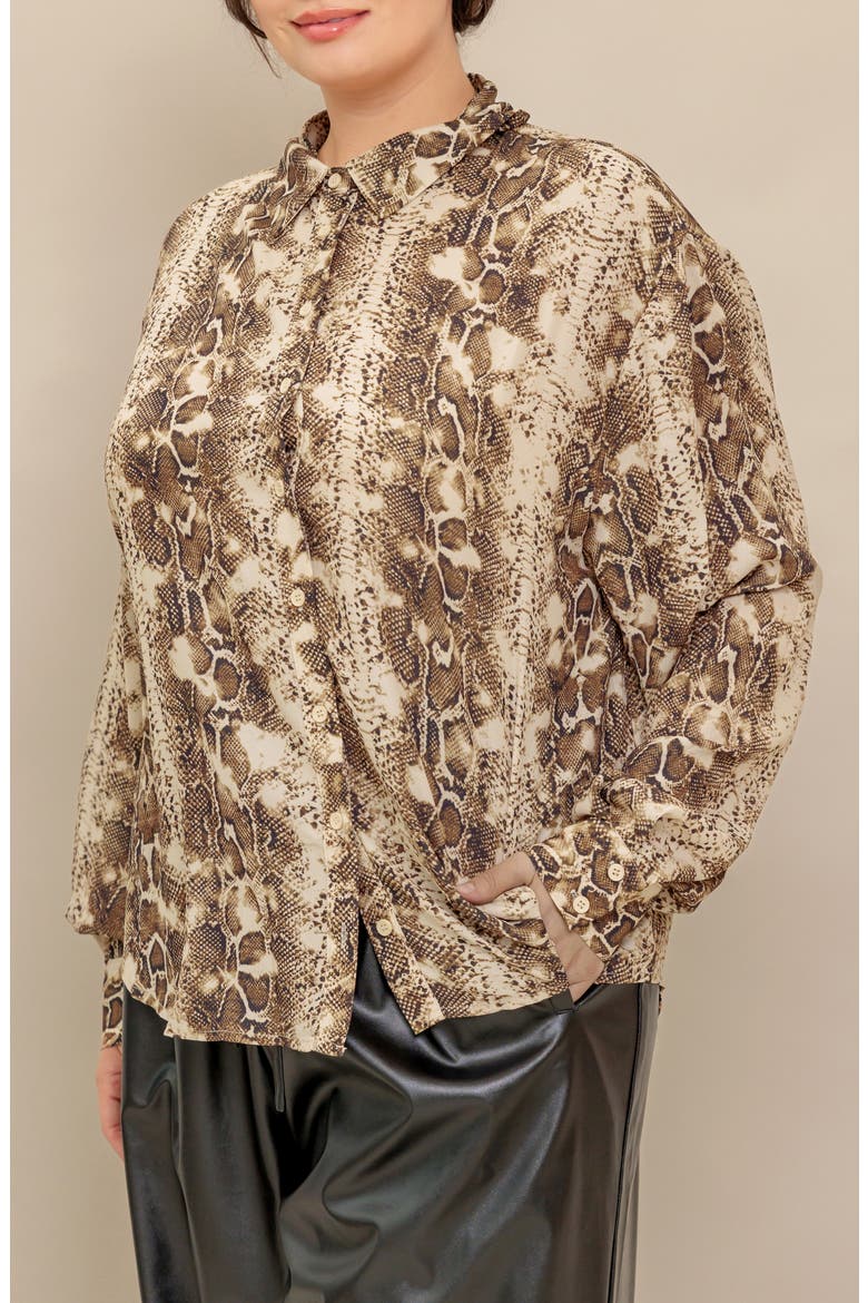 Snakeskin Print Button-Up Shirt, Alternate, color, TAUPE BROWN