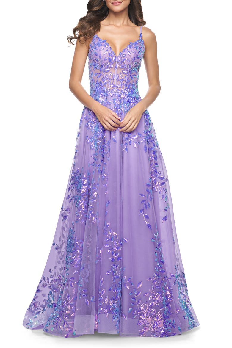 Sequin Lace Print Tulle A-Line Prom Dress with Illusion Bodice, Main, color, Periwinkle