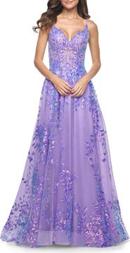 La Femme Sequin Lace Print Tulle A-Line Prom Dress with Illusion Bodice
