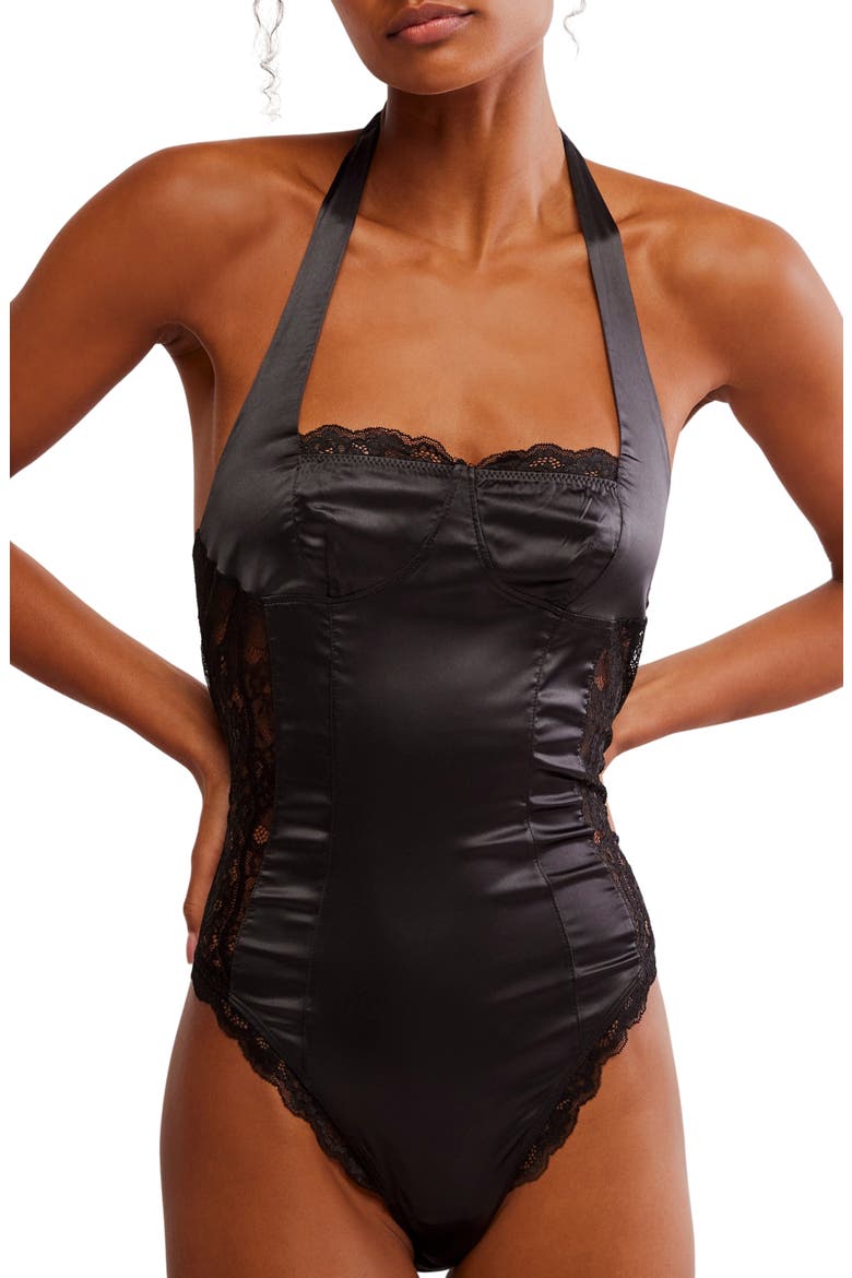 Midnight Muse Lace Inset Satin Bodysuit, Main, color, BLACK