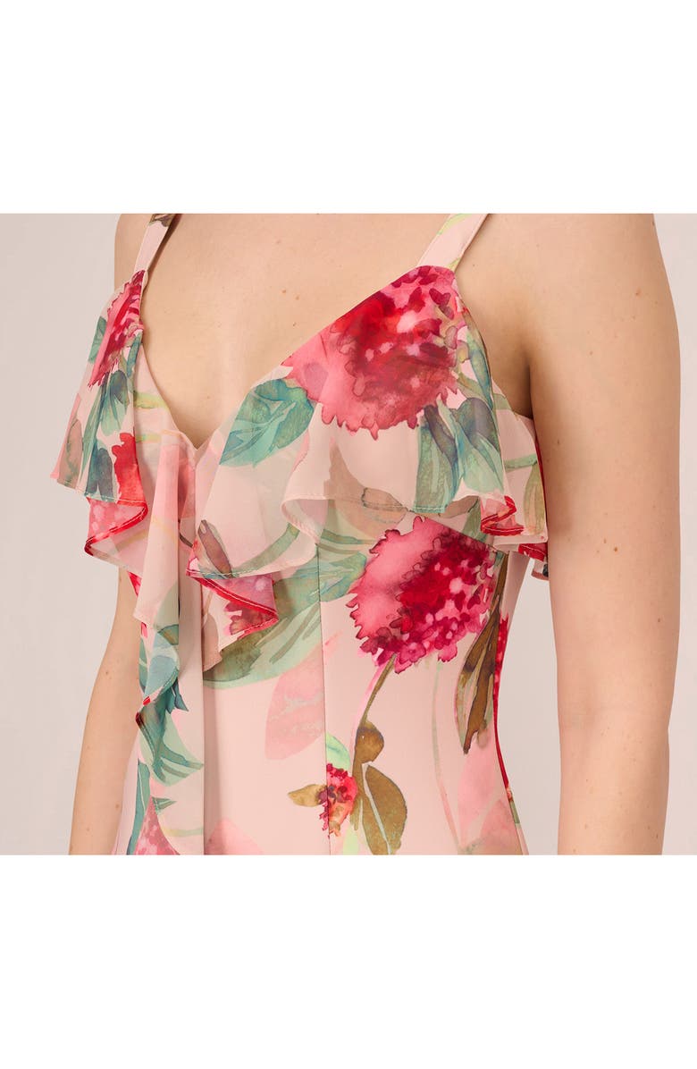 Adrianna Papell Floral Print Ruffle Chiffon Midi Dress, Alternate, color, 