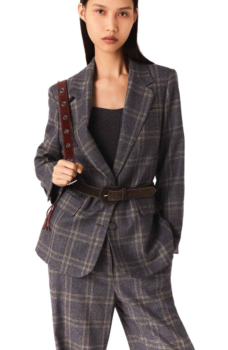 maje Checkered belted suit jacket, Alternate, color, Grey