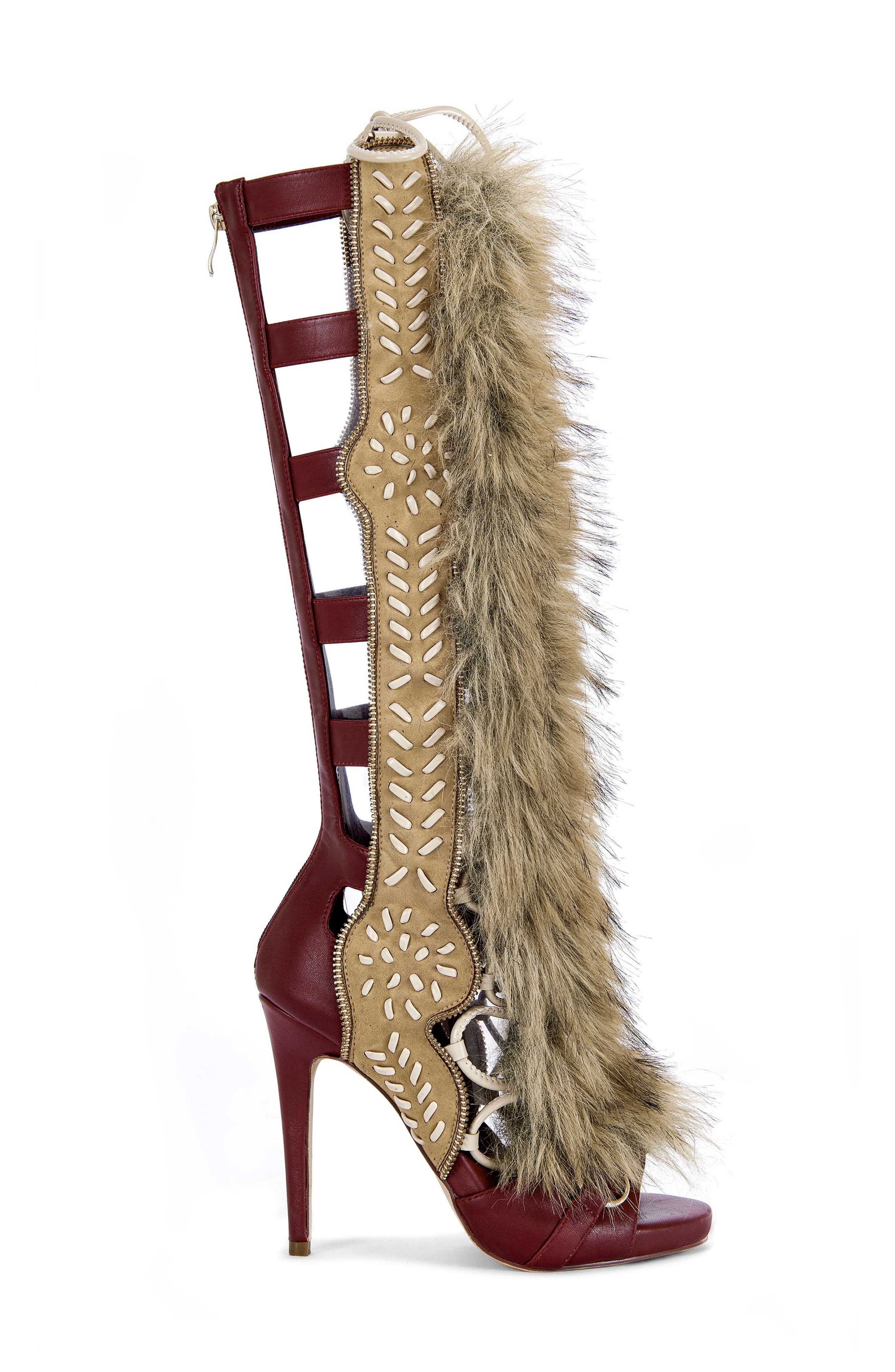 AZALEA WANG Shaine Open Toe Boot, Alternate, color, Beige/ Red