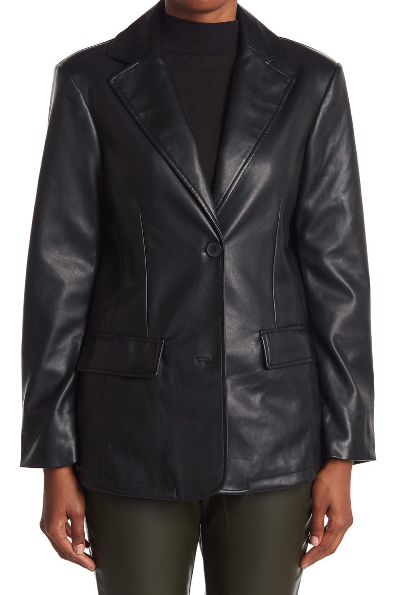 Washed Faux Leather Blazer, Alternate, color, BLACK