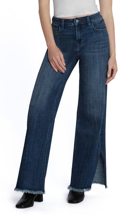 Frayed Split Hem Mid Rise Wide Leg Jeans