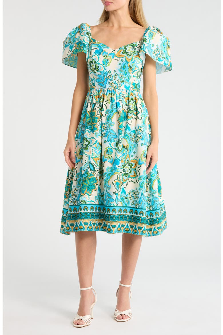 Flutter Sleeve Cotton Midi Dress, Main, color, BLUE MULTI