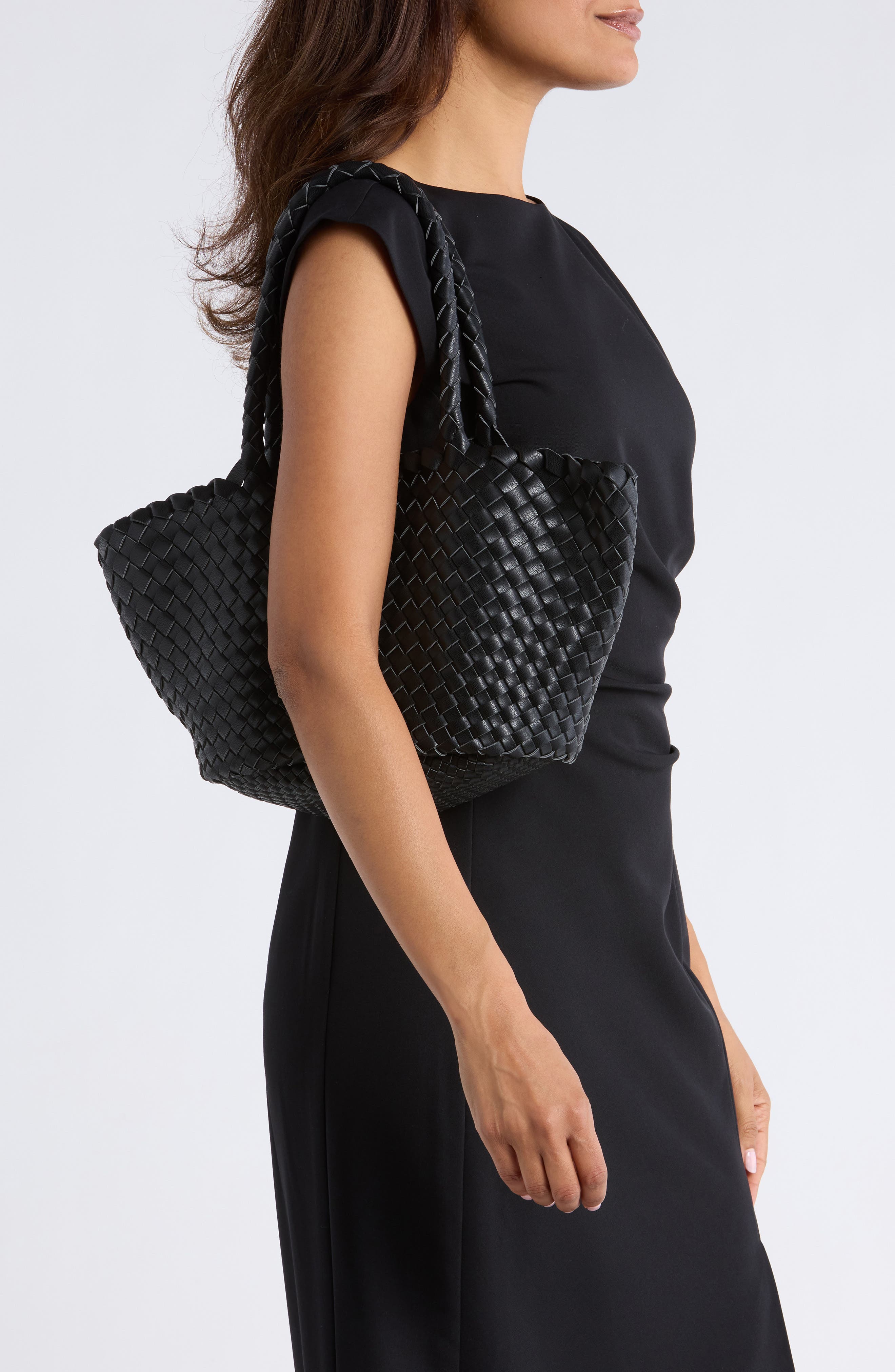 URBAN EXPRESSIONS HANDBAGS Woven Faux Leather Tote Bag, Alternate, color, Black