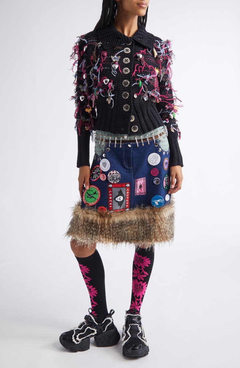 Chopova Lowena Kram Button & Patch Embellished Carabiner Skirt with Faux Fur Trim, Alternate, color, Blue Multi
