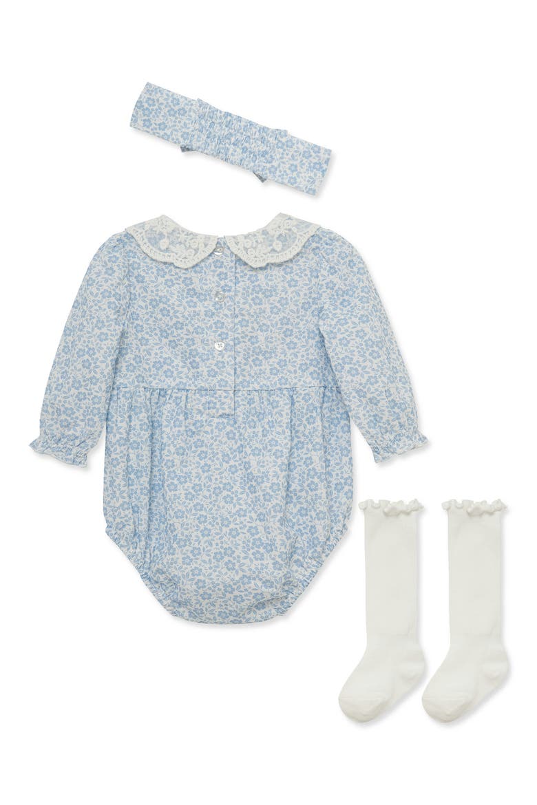 Floral Bubble Romper, Socks & Headband Set, Alternate, color, BLUE FLORAL