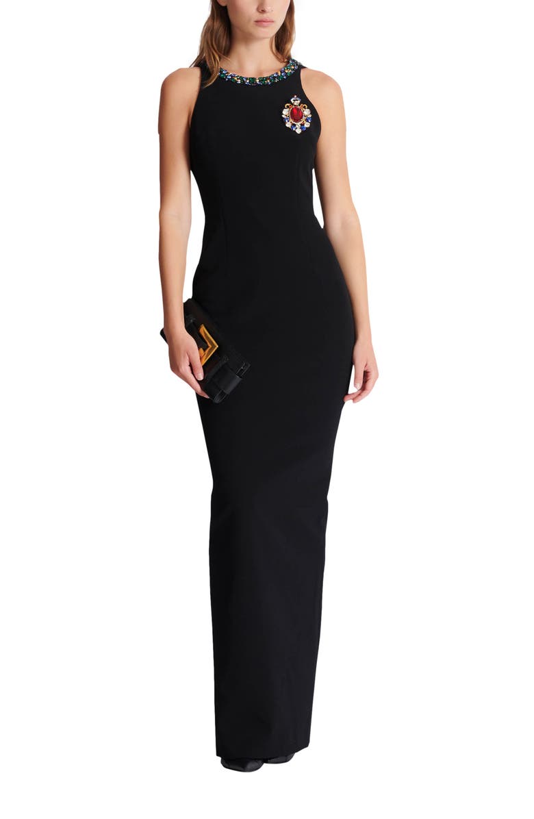 Balmain Long sleeveless dress in embroidered velvet, Alternate, color, Black