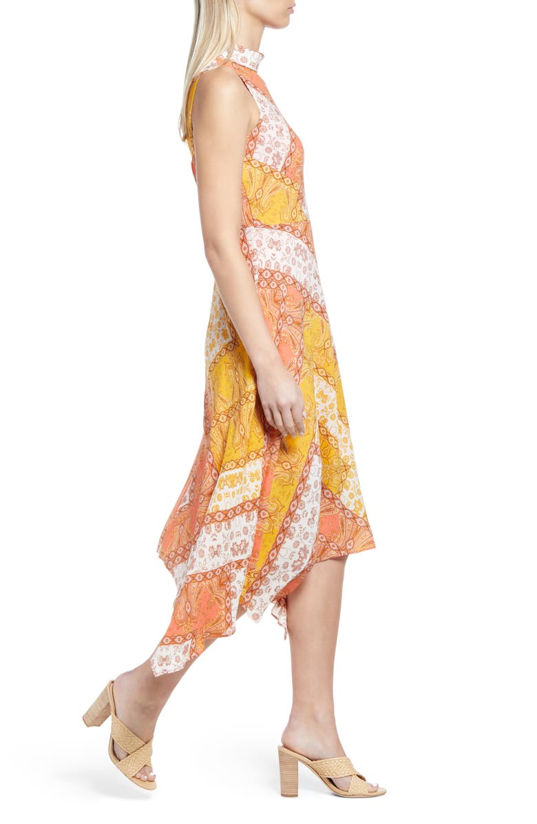 Vince Camuto Scarf Print Handkerchief Hem Crêpe de Chine Midi Dress, Alternate, color,