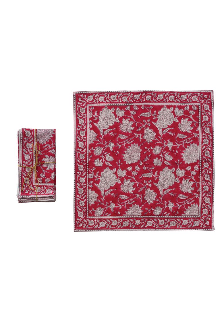 Block-Printed Cotton Floral Napkins, Set of 4, Main, color, Red and White