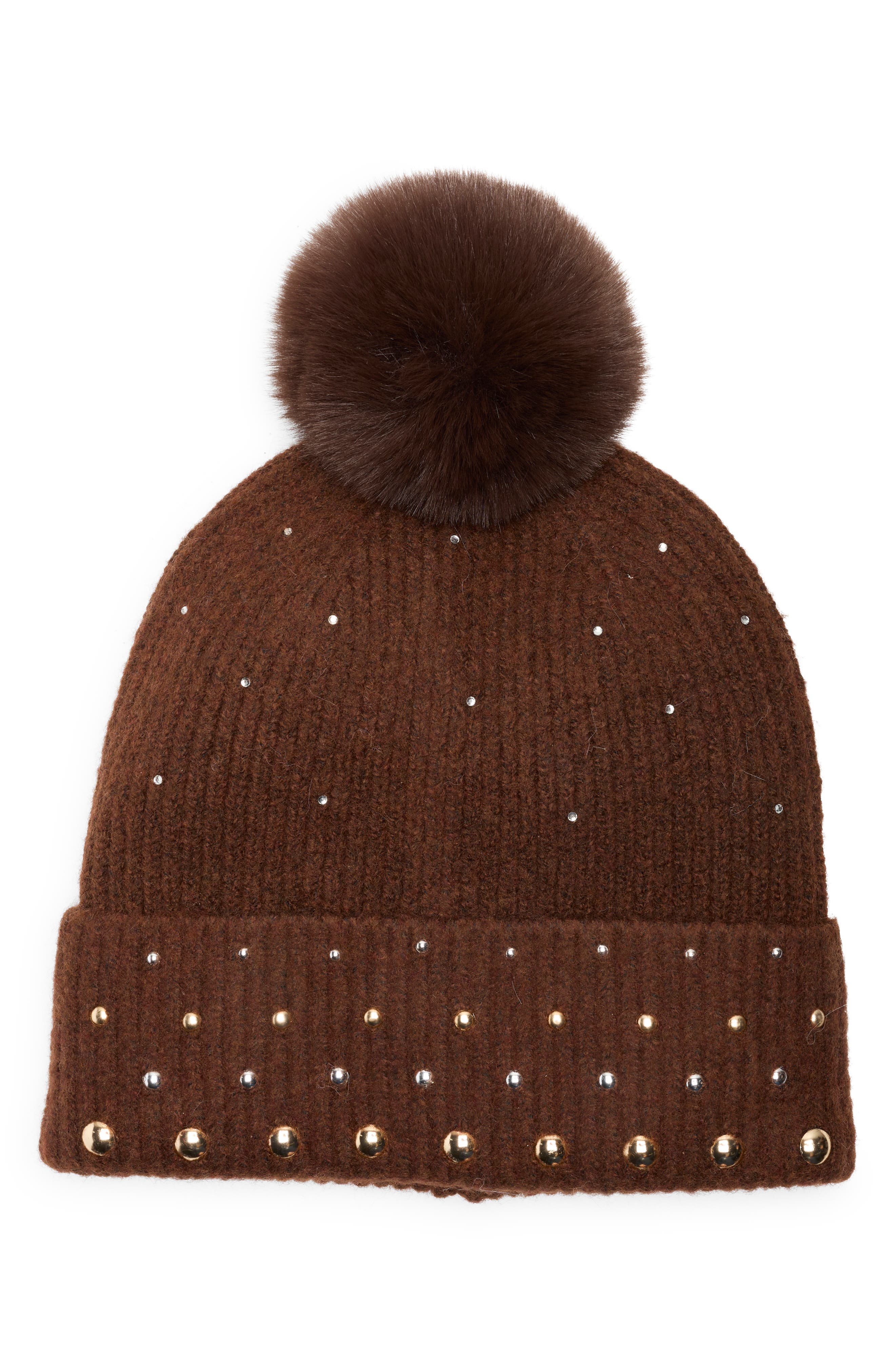 BCBG Studded Faux Fur Pompom Beanie