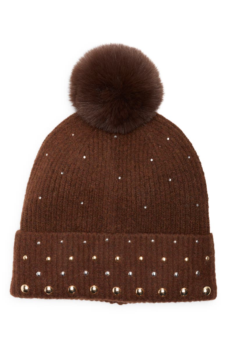 BCBG Studded Faux Fur Pompom Beanie, Main, color, Brown